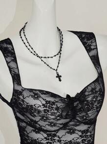 SHEIN ICON Y2k 哥特短款节日派对透视露背波西米亚风性感黑色蕾丝透明短款吊带背心适合春夏日常穿着 - 黑色 - 查看 1