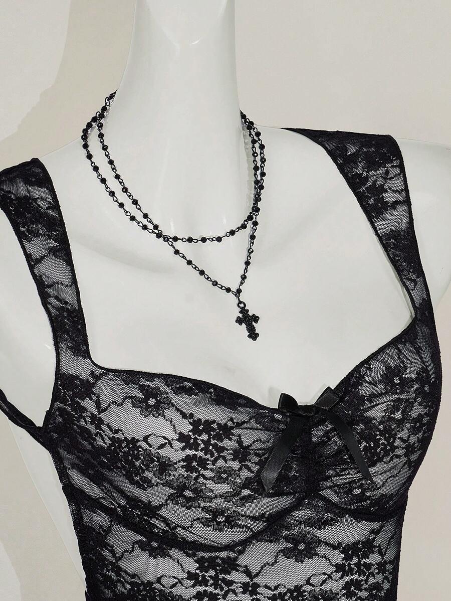 SHEIN ICON Y2k 哥特短款节日派对透视露背波西米亚风性感黑色蕾丝透明短款吊带背心适合春夏日常穿着 - 黑色 - 查看 1