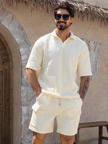 DAZY Men's Beige Textured Polo Shirt & Shorts Set, Summer - Beige - View 1