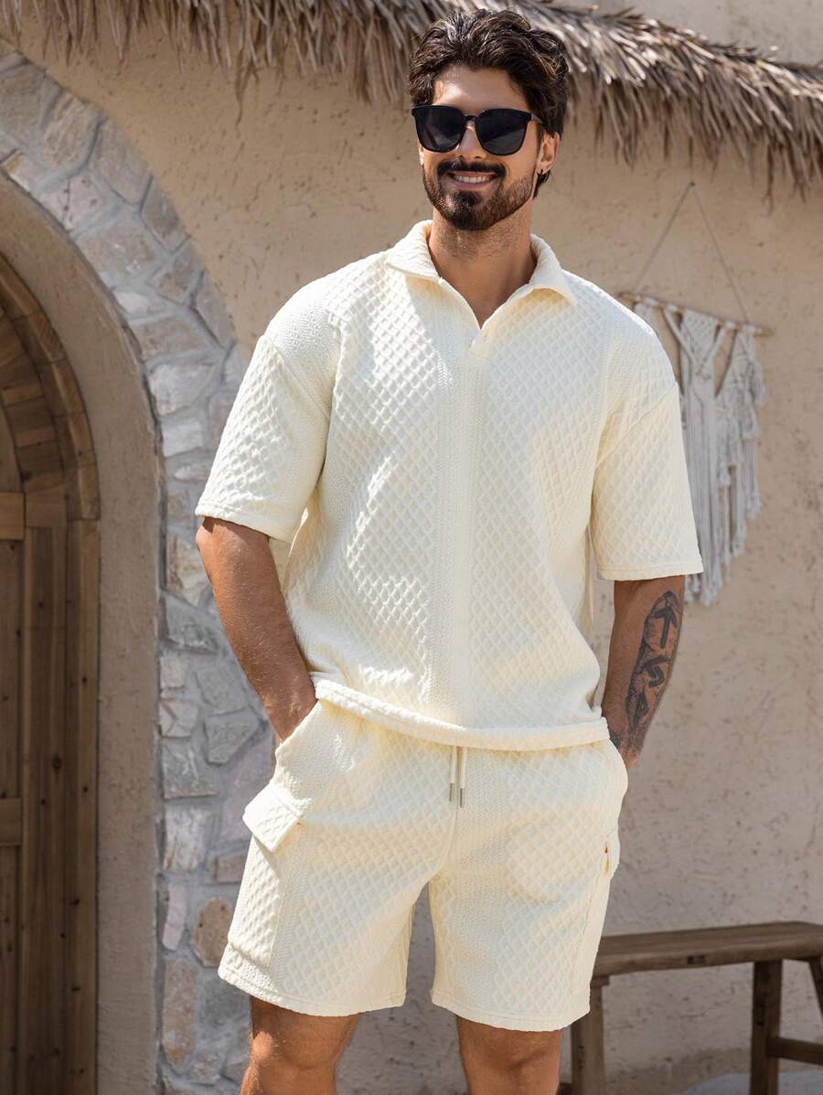 DAZY Men's Beige Textured Polo Shirt & Shorts Set, Summer - Beige - View 1