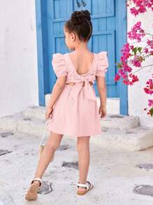 Young Girl Casual Solid Color Round Neck Short Sleeve Backless Mini Dress - Pink - View 1