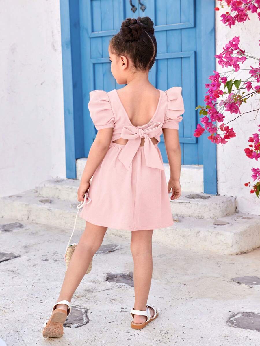 Young Girl Casual Solid Color Round Neck Short Sleeve Backless Mini Dress - Pink - View 1