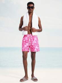 Manfinity Men's All-Over Print Drawstring Waist Casual Beach Shorts - Pink - View 5