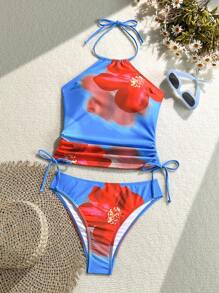 Swim SXY 1 zestaw nowych damskich seksownych tankini z kwiatowym nadrukiem, push-up top z krzyżowym wzorem na plecach i regulowanym paskiem na dole stroju kąpielowego