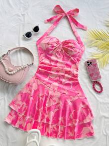 Soleia 女士度假粉色镂空印花前扭结领蝴蝶结不对称荷叶边下摆迷你连衣裙，适合派对、海滩、夏装、下午茶、女士夏季连衣裙女士夏季服装女士连衣裙女士连衣裙短款女士夏季服装女士夏季服装 - 彩色 - 查看 4