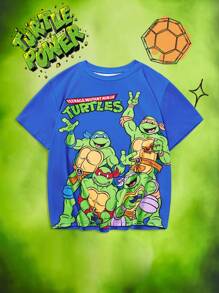 TEENAGE MUTANT NINJA TURTLES | SHEIN Tween Boy Cartoon Turtle Printed Blue Casual Comfortable Short Sleeve T-Shirt,For Spring And Summer. - Blue - View 1