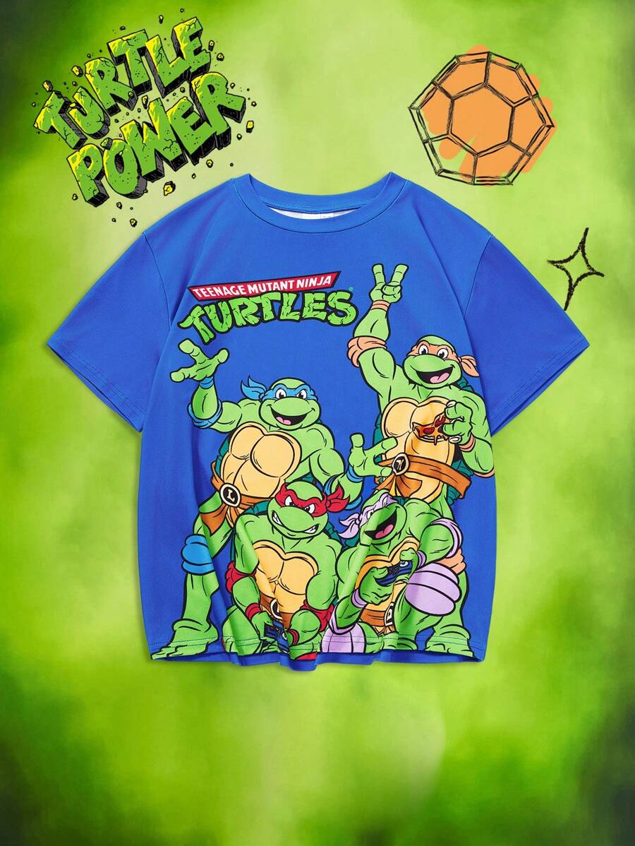 TEENAGE MUTANT NINJA TURTLES | SHEIN Tween Boy Cartoon Turtle Printed Blue Casual Comfortable Short Sleeve T-Shirt,For Spring And Summer. - Blue - View 1