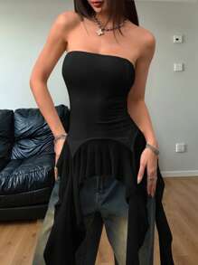 Coolane Top tubo asimétrico de malla con volantes para mujer, estilo Y2K streetwear, de cowgirl, para cita nocturna, concierto, Mardi Gras - Negro - Ver 5