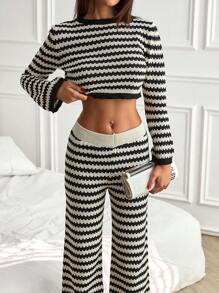 EURMUSE Women's 2-Piece Crochet Knitwear Set – Boho Diamond Pattern Long-Sleeve Top With Bell Sleeves And Matching Cropped Pants, Lightweight And Breathable Design For Summer Elegance,Petite Co Ord,Co Ord,Petite,Winter Clothes - Black and White - View 6