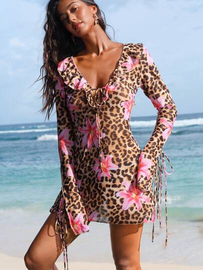 Opulessa فستان كاجوال للنساء بأكمام قصيرة مكشكشة بطبعة الفهد والزهور للحفلات والعطلات على الشاطئ , ملابس شاطئ نسائية, فساتين شاطئ للنساء, ملابس صيفية للنساء, بدلة سباحة خصر عالي, ملابس عطلات نسائية, ملابس عطلات شاطئية, أنيقة، كاجوال، عطلات نسائية، كاجوال، بوهو، بدلة سباحة خصر عالي، ملابس حفلة ريفية