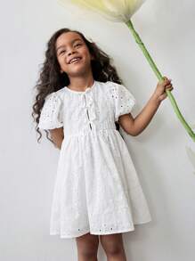Maija Kids Maija Kids Vestido de niña joven de moda vintage, casual para el uso diario/conmutación/escuela/temporada de bodas, con cuello redondo, decoración de moño, mangas abullonadas exageradas, cintura ceñida, falda acampanada, tela textil bordada hueca