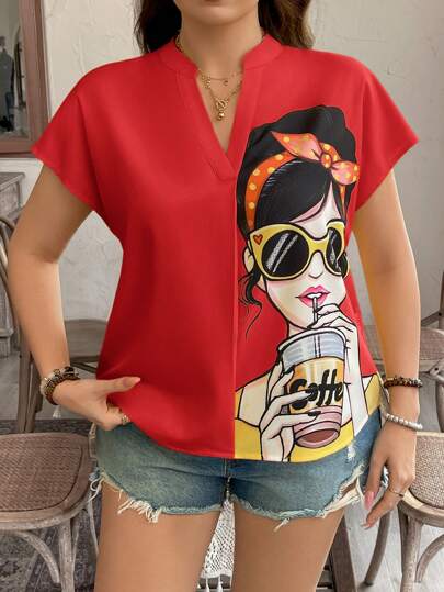 SHEIN LUNE Blusa de manga corta con gráfico de figura para mujer de talla grande, estilo occidental, bohemio, de los 90, para festival, verano, salida, primavera, bohemio, dinero viejo, Pascua, playa