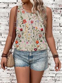 EMERY ROSE Plus Size Floral Pattern Flower Print Casual Vintage Style Tank Top, Suitable For Summer, Vacation, Spring - Multicolor - View 6
