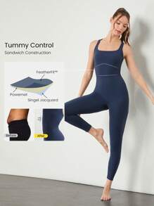 GLOWMODE 24" FeatherFit™ One And Only Tummy Control Double Crossover Back Jumpsuit Bodysuit Low Impact Yoga Pilates Studio Daily Casual Wear Removable Cups