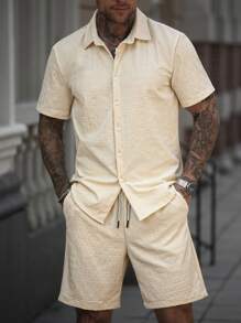 Manfinity Homme Men 2 Pieces Set: Short Sleeve Button Down Shirt With Shorts - Beige - View 3