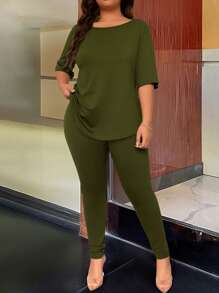 Maweii Plus Size Round Neck Backless Printed Short Sleeve 2pcs Set Fall Cloth For Women - Army Green - View 6
