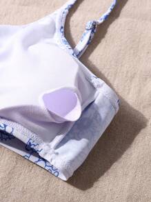 SHEIN Leap Crew Bộ đồ bơi bikini xoắn họa tiết sứ xanh trắng cho bé gái tuổi teen - Màu xanh lam - Xem 3