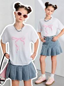 Tween Girls White Casual Loose Butterfly Print T-Shirt & Denim Wide Waistband Pleated Skirt Set, Versatile Simple Fashion Design For Daily Wear - Multicolor - View 1