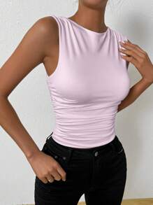Chiquease Women's Solid Color Fitted Ruched Crew Neck Camisole