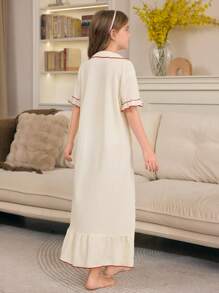 SHEIN Vestido de pijama informal de unicolor con bolsillo y estampado de cerezas con cuello de solapa y botones para niña preadolescente, adecuado para interiores y exteriores, moda de vuelta al colegio en primavera/verano - Albaricoque - Ver 2