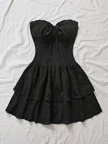 SHEIN Unity Black Strapless Lace-Up Decor Patchwork Hollow Out Embroidery Trim Ruffle Hem Asymmetrical Elasticated Waist Crop Dress - Black - View 4
