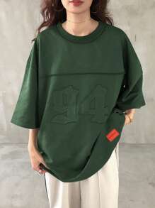 FRIFUL 女士纯色贴布圆领休闲宽松 T 恤超大 T 恤学院风上衣