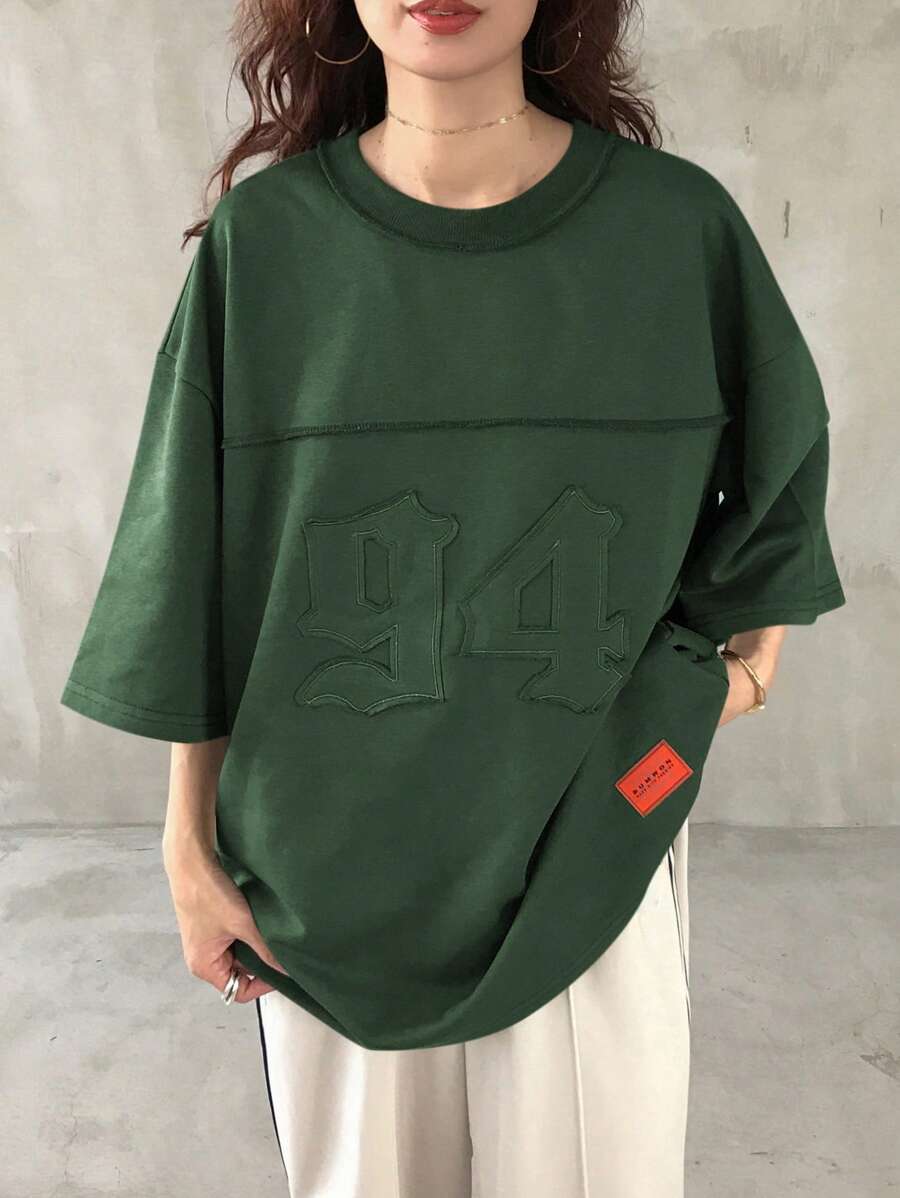 FRIFUL 女士纯色贴布圆领休闲宽松 T 恤超大 T 恤学院风上衣