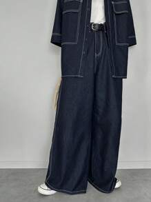 FRIFUL Women's Drop Shoulder Long Sleeve Utility Pocket Single-Breasted Shirt & Jeans Casual 2 Pieces Set Women Summer Clothing Women Plus Clothing Formal Women Jeans Plus Size Women Plus Clothing Business Casual Women Summer Sets