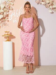 Loomaby Pregnant Women Floral Print Fishtail Hem Elegant Sleeveless Dress,Gender Reveal Dress,Baby Shower Dress,Maternity Dress - Pink - View 5