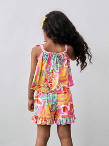 Maija Kids Maija Kids Bộ 2 áo yếm họa tiết hoa giản dị rộng rãi cho bé gái và quần short viền bèo nhún - Bụi hồng - Xem 2