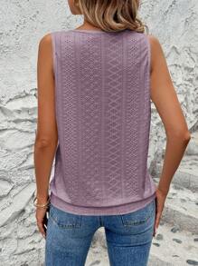SHEIN 女士休闲百搭无袖上衣，激光切割刺绣钥匙孔领口 - 紫色 - 查看 2