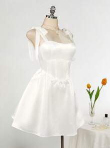 SHEIN ICON Plus Size Square Neck Bowknot Strap Rhinestone Decor Waist A-Line Dress, White Wedding Guest Dress,Corset Dress - White - View 5