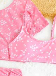 Tween Girl Floral Print Swimsuit Set - Pink - View 5