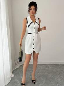 Elenzga Robe élégante pour femmes avec fermeture à boutons et garniture contrastée sans manches