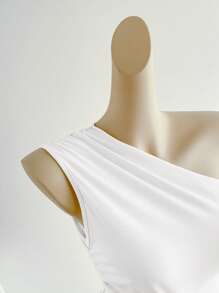 Elamini Apricot Ruched Asymmetric Shoulder Tight Fitted Top, Fashionable Minimalist Casual Elegant Versatile For Daily Wear & Commute, Spring/Summer - White - View 5