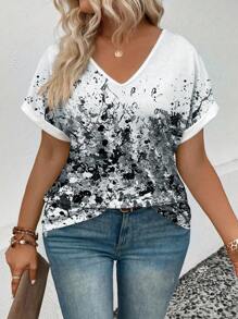 SHEIN VCAY CURVE Women's V-Neck Folding Cuff Short Sleeve Camouflage Print Plus Size T-Shirt - White - View 3