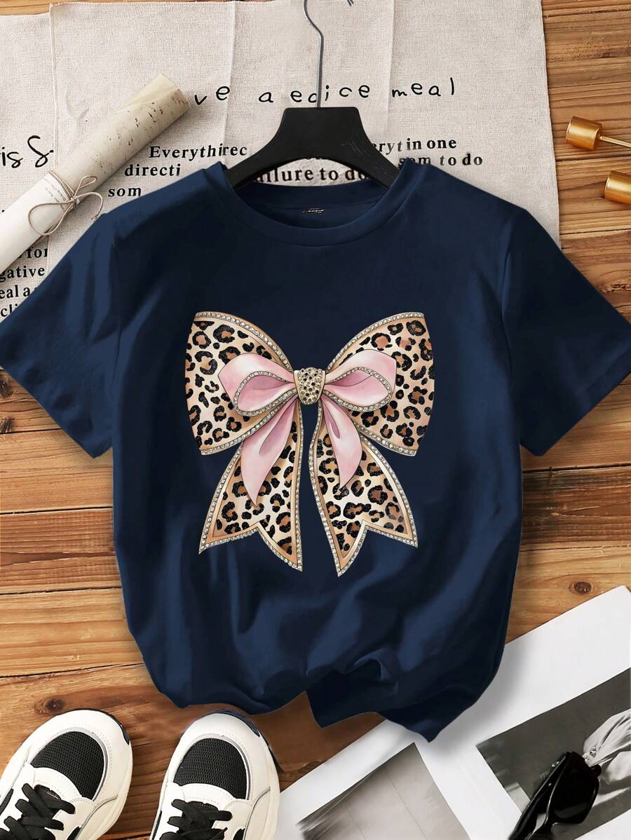 女士蝴蝶结印花圆领短袖休闲百搭 T 恤