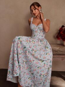 SHEIN Unity Váy maxi chữ A họa tiết hoa nhỏ màu xanh nhạt, thắt eo, có gọng, thanh lịch, lãng mạn, thích hợp cho lễ hội, ngày lễ, tiệc gợi cảm, trang phục năm mới, khách dự tiệc cưới, váy tiên nữ - Nhiều màu - Xem 4