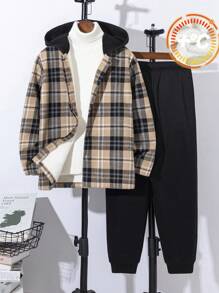 SHEIN 2 件套 Tween Boy 冬季休闲格子保暖内衬针织连帽上衣和纯色针织裤套装 - 黑色 - 查看 1