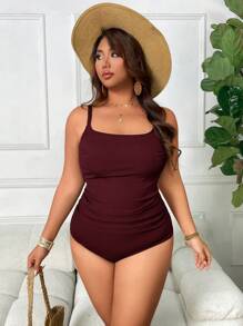 Swim Lushoire Conjunto de tankini de traje de baño con cuello cuadrado en talla grande - Burdeos - Ver 5