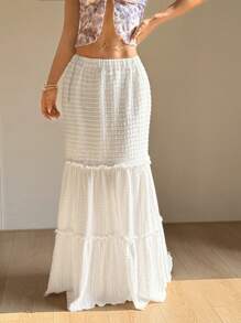 SHEIN Unity Hollow Crochet Low Waist Draped Fitted Splice Asymmetric Hem Skirt - White - View 5