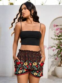 INAWLY Women's Comfortable Floral Print High Waist Pocket Design Vacation Shorts - Multicolor - View 5