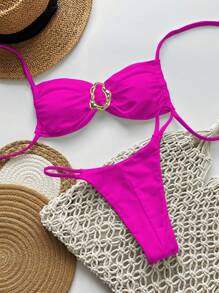 Swim Mod 春假女士纯色露肩吊带系带金属点缀性感比基尼套装 - 玫紅色 - 查看 1
