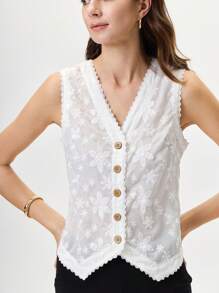 SHEIN LUNE Women's Casual Sleeveless Embroidered Woven Fabric Front-Open Tank Top, Spring/Summer - White - View 4