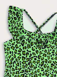 SHEIN New Fashionable Girls Leopard Print Full-Coverage One-Piece Swimsuit - Green - View 4