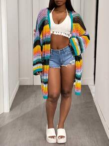 Slaydiva 大码度假海滩彩色条纹镂空针织开衫