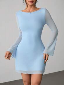 SHEIN PETITE Váy lưới tay kèn hở lưng gợi cảm mới cho nữ vào đầu thu - Màu xanh nhạt - Xem 7