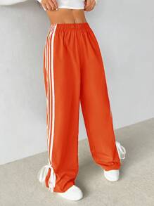 SHEIN PETITE Casual Contrast Striped Drawstring Straight Leg Pants