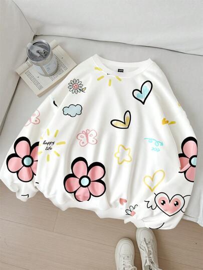 SHEIN EZwear Sudadera casual de ajuste holgado con cuello redondo de manga larga con estampado floral aleatorio, adecuada para el verano, top de manga larga