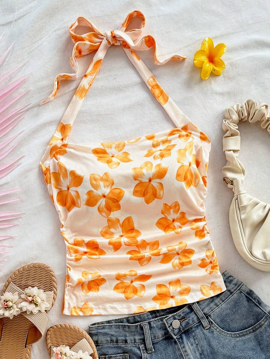 Soleia Áo yếm hở vai in họa tiết hoa lãng mạn, xếp ly bên hông cho nữ, thời trang mặc nhiều lớp mùa thu/đông - Màu vàng - Xem 1